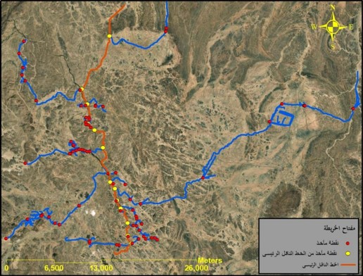 Irrigation water transmission and distribution system and utilization of the main conveyor line for treated water in Asir region
